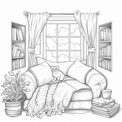 cozy reading nook  a window seat with fluffy cushions a soft blanket and a stack of kawaiithemed books