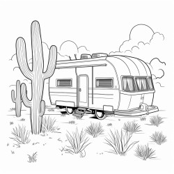 a caravan surrounded by cactus trees