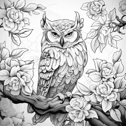 coloring page owl perched on a tree branch with leaves around no shading high details thick lines