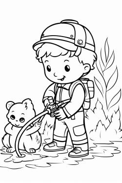 a child dressed as a french firefighter uses a hose to put out a small forest fire and save animals