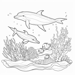 an ocean scene with dolphins sea turtles jellyfish and coral reefs