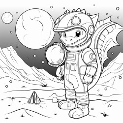 a brave astronaut exploring a mysterious planet with a giant dragon