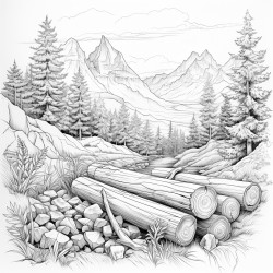 log cabbin trees and mountains