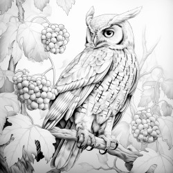 coloring page owl perched on a tree branch with leaves around no shading high details thick lines