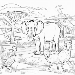 safari animals in action coloring book page clear thick outlines
