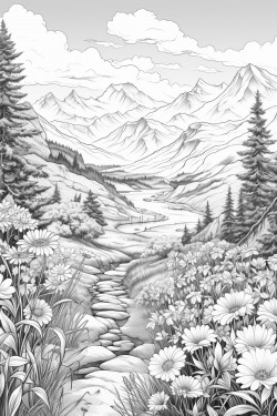 flowers in a meadow behind a beautiful mountain