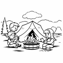 simple black outline art camping scene fire pit
