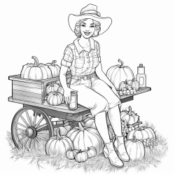 adult woman in jeans and check shirt sitting on a hay wagon which ist loaded with different pumpkins