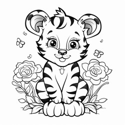 cute tiger with flowers and butterflies