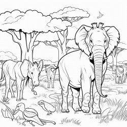 safari animals in action coloring book page clear thick outlines