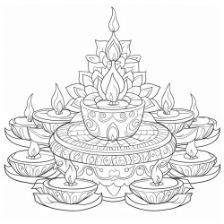 create a vibrant arrangement of clay lamps diyas with bright flames decorated with colorful rangoli in the background