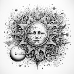 10 mandala of sun and moon phases with celestial rays      starting with a central sun and moon each phase radiates outward in a circular formation with celestial rays that blend into swirling clouds and stars around the edges mandela style page size 11 x 85 x 004 inches