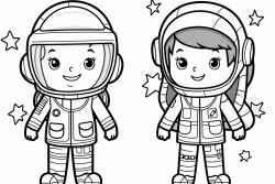 a boy and a girl put on their astronaut costumes and stand next to a rocket