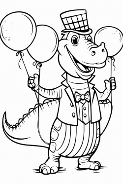 a dancing alligator holding balloons with a dancing zebra at a tea party in a simple coloring book style coloring page
