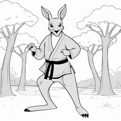 kangaroo wearing a black belt in the forest