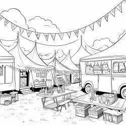 a festival in a field with market stalls food trucks and bunting