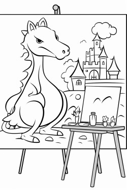 a unicorn drawing a picture of a frog on a easel with a castle in the background