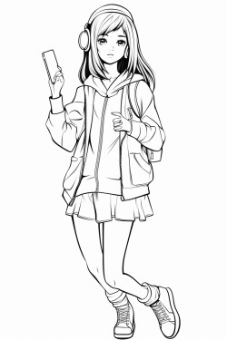 a black line drawing of a girl teenager holding her phone suitable for a coloring book no background no color