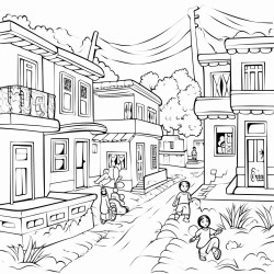 a peaceful colorful village with traditional houses a school and children playing in the streets thoda cartoon type