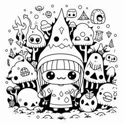 a kawaii character lost in a  spooky forest filled with strange creatures