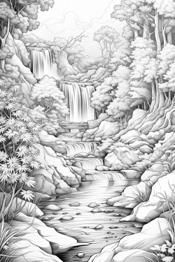 line art beautiful birds sitting on tree flying butterflies mountain small river pool trees stones water pathway