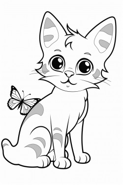 domestic house cat looking at butterfly white background black outline