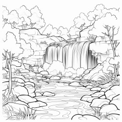 coloring book page natural landscape waterfall