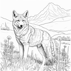 coyote in a meadow with mountains in the backround