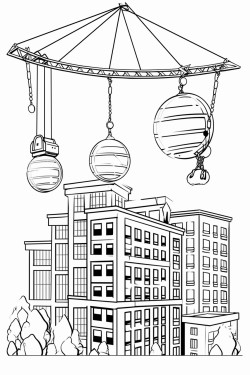wrecking ball crane knocking down tall buildings with construction workers