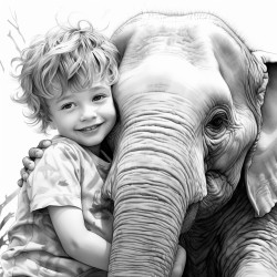 kid and elephant hugging