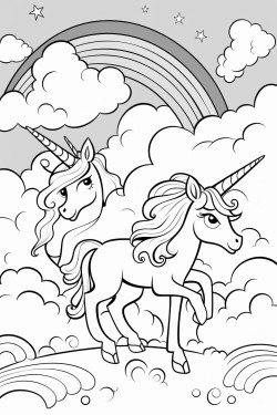 winged unicorns fly in the clouds behind there is a rainbow