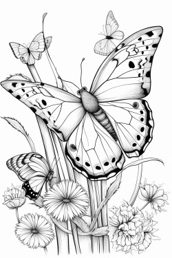 una panda jugando con mariposas en una pampa primaveral