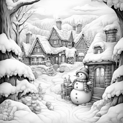 snowman village with snowmen, snowwomen, and snow children enjoying the snow
