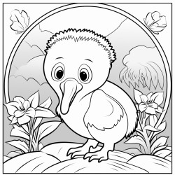 a cartoon character of a kiwi with a face in a garden