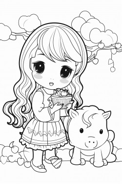baby chibi unicorn eating apples with 4 year old girl with long hair and a summer dress in the park with trees