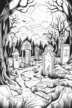moonlit graveyard with tombstones and fog