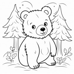 a cute bear black and white thin outlines surrounded by trees for kids at the age of 3