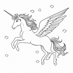 flying unicorn coloring page black and white line art white background simplicity ample white space