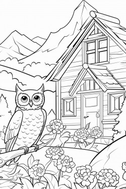 a owl on a tree branch in background switzerland landscape with a quaint stone house surrounded by flowers