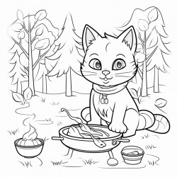 a cat cooking in a forest