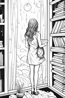 raining standing girl back window bookshelf coffee
