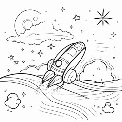 a mischievous spaceship zooming through a starry sky leaving a trail of smoke