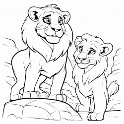 a lion and a lioness standing in a rock