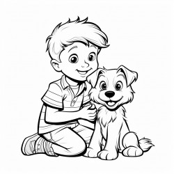 black and white coloring book drawing only thick outlines no grayscale of a child playing with a dog