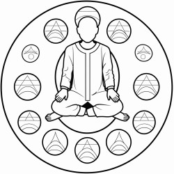 human figure cross legged position surrounded by six equally spaced aura layers around the body