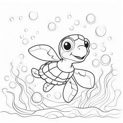 happy little sea turtle swimming among bubbles