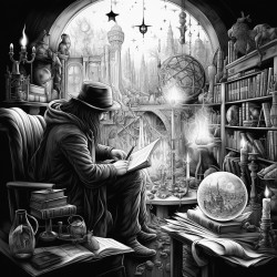 magician reading book in a room with magic things