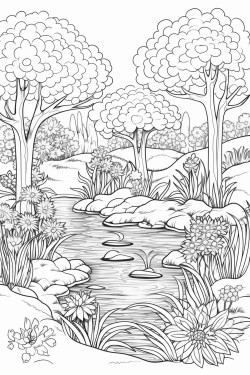 variety of flowers and blooming trees around a pond