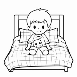 tedy sitting beside a bed with bedsheet square pattern