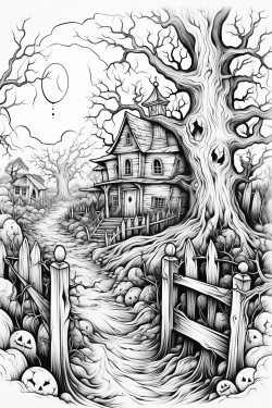 a jar with a haunted house spooky trees gravestones bats a crooked fence